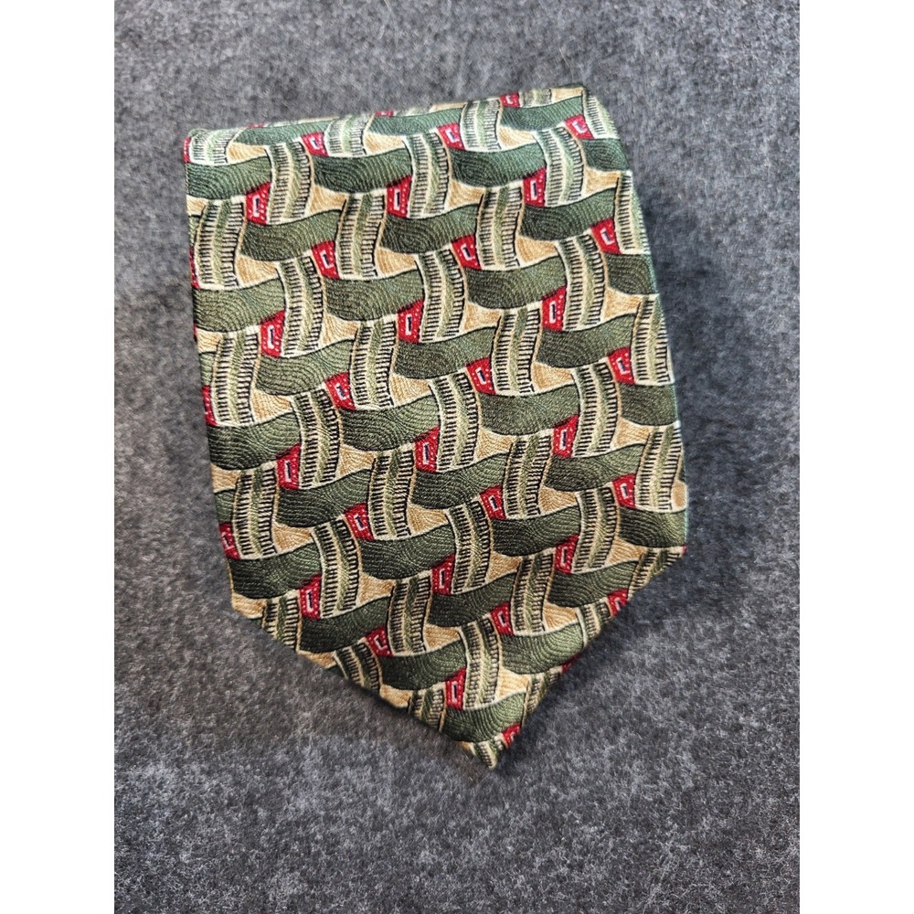 Albert Nipon Mens Necktie  Green Tan Red Elegant 100% Silk Made In USA Vintage